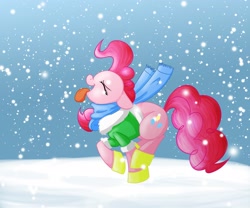 Size: 3000x2500 | Tagged: safe, artist:kelisah, pinkie pie, earth pony, pony, boots, clothes, coat, scarf, snow, snowfall, solo, winter