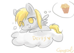 Size: 600x429 | Tagged: safe, artist:r-1629, derpy hooves, pegasus, pony, cloud, female, mare, muffin, pixiv, solo, that pony sure does love muffins, thinking