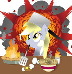 Size: 7945x8191 | Tagged: safe, artist:rainbownspeedash, derpy hooves, pegasus, pony, absurd resolution, chef's hat, egg (food), explosion, female, fire, food, glass, hat, mare, mouth hold, muffin, pie, solo, spatula, this will end in tears and/or breakfast