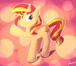 Size: 906x781 | Tagged: safe, artist:stratica, sunset shimmer, pony, unicorn, female, mare, raised hoof, signature, solo, underhoof