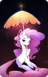 Size: 1196x1900 | Tagged: safe, artist:inkytophat, rarity, pony, unicorn, long tail, rain, solo, umbrella