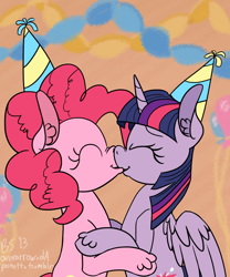 Size: 1000x1200 | Tagged: safe, artist:ponett, derpibooru import, pinkie pie, twilight sparkle, twilight sparkle (alicorn), alicorn, earth pony, pony, cute, ear fluff, eyes closed, female, hat, kissing, lesbian, party hat, shipping, twinkie, unshorn fetlocks