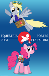 Size: 600x928 | Tagged: safe, artist:neko-kun67, derpy hooves, pinkie pie, pegasus, pony, bilingual, canada, canada post, clothes, female, french, hat, mail, mailbag, mailmare, mare, parody, polo shirt, ponified