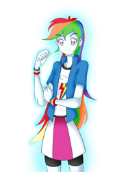 Size: 1800x2449 | Tagged: safe, artist:grandzebulon, derpibooru import, rainbow dash, equestria girls, clothes, compression shorts, eqg promo pose set, female, looking at you, multicolored hair, shirt, skirt, smiling, solo, wristband