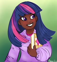 Size: 600x660 | Tagged: safe, artist:frenzied-insanity, derpibooru import, twilight sparkle, book, dark skin, humanized, smiling