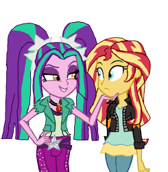 Size: 875x892 | Tagged: safe, artist:ktd1993, aria blaze, sunset shimmer, equestria girls, clothes, female, flirting, jacket, leather jacket, lesbian, lidded eyes, pants, shipping, simple background, sunblaze, transparent background