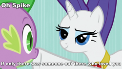 Size: 960x540 | Tagged: safe, edit, edited screencap, screencap, rarity, spike, dragon, pony, unicorn, secret of my excess, evil, frozen (movie), heartbreak, if only somebody loved you, image macro, meme, raribitch, shipping denied, spikeabuse