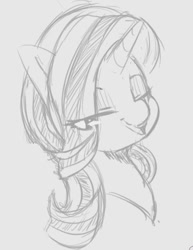 Size: 422x547 | Tagged: safe, artist:tre, starlight glimmer, pony, unicorn, bust, eye clipping through hair, female, grayscale, lidded eyes, looking at you, mare, monochrome, open mouth, portrait, sketch, smiling, solo