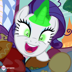 Size: 550x550 | Tagged: safe, screencap, rarity, pony, unicorn, inspiration manifestation, corrupted, cropped, faic, female, glowing horn, green eyes, hub logo, inspirarity, mare, official, possessed, slasher smile, solo, the hub