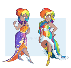 Size: 4783x4582 | Tagged: safe, artist:drawbauchery, derpibooru import, rainbow dash, human, absurd resolution, alternate hairstyle, breasts, cleavage, clothes, dark skin, dress, female, gala dress, humanized, lidded eyes, moderate dark skin, one eye closed, rainbow dash always dresses in style, solo, watermark