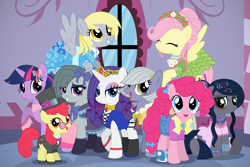 Size: 1737x1159 | Tagged: safe, artist:reitanna-seishin, apple bloom, derpy hooves, fluttershy, limestone pie, marble pie, pinkie pie, rarity, twilight sparkle, oc, oc:minkie pie, earth pony, pegasus, pony, unicorn, blushing, clothes, dress, female, mare