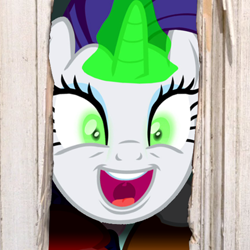 Size: 500x500 | Tagged: safe, rarity, pony, unicorn, inspiration manifestation, here's johnny, inspirarity, magic, slasher smile, solo, the shining