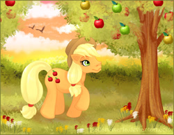 Size: 1293x1010 | Tagged: safe, artist:madam-marla, applejack, earth pony, pony, apple, food, solo, tree