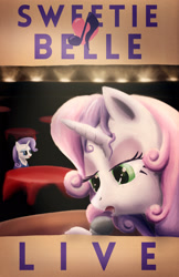 Size: 1618x2500 | Tagged: safe, artist:fox-moonglow, rarity, sweetie belle, pony, unicorn, microphone, older, poster, singing