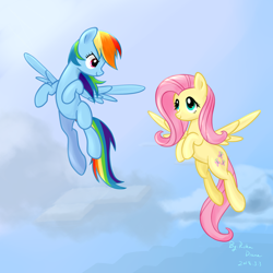 Size: 2048x2048 | Tagged: safe, artist:rikadiane, derpibooru import, fluttershy, rainbow dash, pegasus, pony, duo, female, flying, looking at each other, mare, sky, smiling, spread wings, wings