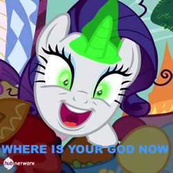 Size: 550x550 | Tagged: safe, screencap, rarity, pony, unicorn, inspiration manifestation, hub logo, image macro, inspirarity, meme, solo, where is your god now?