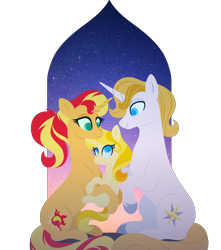 Size: 904x1024 | Tagged: safe, artist:carouselunique, prince blueblood, sunset shimmer, oc, oc:sparkling dawn, cuddling, cute, evening, female, hug, lullaby, male, mood lighting, next generation, offspring, parent:prince blueblood, parent:sunset shimmer, parents:sunblood, shipping, simple background, straight, sunblood, transparent background