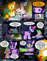 Size: 1275x1650 | Tagged: safe, artist:dsana, spike, starlight glimmer, sunburst, twilight sparkle, twilight sparkle (alicorn), alicorn, dragon, pony, unicorn, comic:the shadow shard, card, comic, dragon mail, fire, gem, green fire, lantern, magic, prone, scroll