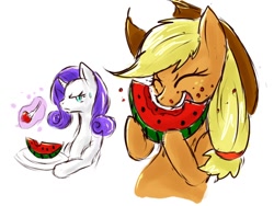 Size: 640x480 | Tagged: safe, artist:jiiko, applejack, rarity, earth pony, pony, unicorn, eat dat watermelon, eating, pixiv, watermelon