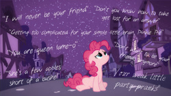 Size: 1280x719 | Tagged: artist needed, safe, artist:derp1a, pinkie pie, earth pony, pony, broken, disembodied thoughts, insult, put-down, sad, solo