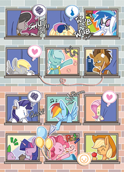 Size: 400x557 | Tagged: safe, artist:ujey02, applejack, bon bon, derpy hooves, dj pon-3, doctor whooves, fluttershy, lyra heartstrings, octavia melody, pinkie pie, rainbow dash, rarity, spike, sweetie drops, twilight sparkle, vinyl scratch, dragon, earth pony, pegasus, pony, unicorn, background six, bon bon is not amused, crossover, female, male, mane six, mare, nintendo, stallion, tomodachi life, unamused