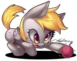 Size: 2442x1916 | Tagged: safe, artist:jggjqm522, derpy hooves, pegasus, pony, behaving like a cat, cute, derpabetes, female, mare, playing, solo, tongue out, yarn