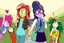 Size: 1500x1000 | Tagged: safe, artist:jase1505, normal norman, pinkie pie, sci-twi, sunset shimmer, sweet leaf, twilight sparkle, series:sunlight horizons, equestria girls, blushing, canterlot high, clothes, cute, female, glasses, heart, holding hands, lesbian, pinkie the shipper, scitwishimmer, shipper on deck, shipping, sunsetsparkle