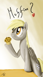 Size: 918x1632 | Tagged: safe, artist:jeki, derpy hooves, pegasus, pony, heart, marriage proposal, muffin, painting, solo, that pony sure does love muffins