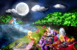 Size: 1248x810 | Tagged: safe, artist:wakamidori, derpibooru import, apple bloom, applejack, fluttershy, pinkie pie, rainbow dash, rarity, scootaloo, spike, sweetie belle, twilight sparkle, twilight sparkle (alicorn), alicorn, dragon, earth pony, pegasus, pony, unicorn, bunny costume, clothes, cutie mark crusaders, female, grill, mane seven, mane six, mare, mare in the moon, mid-autumn festival, moon, mooncake, night, picnic, pixiv