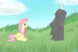 Size: 3000x2000 | Tagged: safe, artist:fluttershyfree, angel bunny, fluttershy, pegasus, pony, female, mare, moai