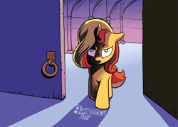 Size: 900x643 | Tagged: safe, artist:avalander-art, sunset shimmer, pony, unicorn, doors, female, floppy ears, frown, kubrick stare, looking at you, mare, solo, stare