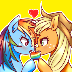 Size: 1000x1000 | Tagged: safe, artist:raika0306, derpibooru import, applejack, rainbow dash, earth pony, pegasus, pony, apple, appledash, blushing, cowboy hat, female, food, hat, heart, lesbian, looking at each other, mare, mouth hold, multicolored hair, shipping, simple background, stetson, yellow background, zap apple