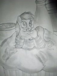 Size: 3456x4608 | Tagged: safe, artist:thegreatmewtwo, derpy hooves, pegasus, pony, breakfast, cereal, clothes, derp, female, mare, milk, monochrome, muffin, orange juice, socks, solo, striped socks, traditional art