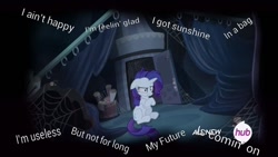 Size: 800x450 | Tagged: safe, screencap, rarity, pony, unicorn, for whom the sweetie belle toils, bad future, breakdown, clint eastwood, dark, gorillaz, hub logo, insanity, lyrics, solo, song reference