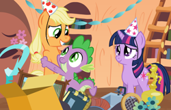 Size: 4000x2572 | Tagged: safe, artist:wildtiel, applejack, spike, twilight sparkle, dragon, earth pony, pony, applespike, birthday, female, golden oaks library, hat, hug, male, party hat, scene interpretation, shipping, straight, vector