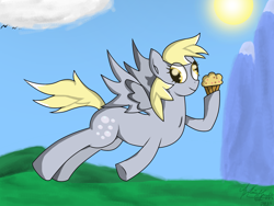 Size: 2560x1920 | Tagged: safe, artist:zsparkonequus, derpy hooves, pegasus, pony, female, flying, happy, mare, muffin, scenery, smiling, solo