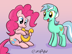 Size: 900x684 | Tagged: safe, artist:empyu, lyra heartstrings, pinkie pie, earth pony, pony, unicorn, 30 minute art challenge, duo, gradient background, lyre, smiling