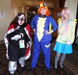 Size: 781x752 | Tagged: safe, fluttershy, king sombra, spitfire, human, cosplay, irl, irl human, photo