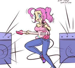 Size: 1280x1164 | Tagged: safe, artist:garam, pinkie pie, human, 30 minute art challenge, breast rest, clothes, guitar, humanized, musical instrument, pants, shoes, sneakers, speakers