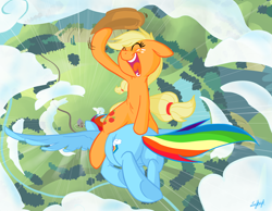 Size: 3500x2719 | Tagged: safe, artist:lajkucyk, artist:php27, derpibooru import, applejack, rainbow dash, earth pony, pegasus, pony, colored, dr. strangelove, high res, parody, plot, ponies riding ponies, song in the comments, this will end in tears and/or death, underhoof, yeehaw