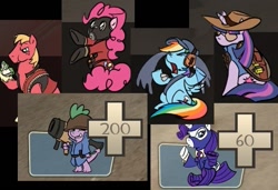 Size: 613x420 | Tagged: safe, artist:jmz, derpibooru import, big macintosh, pinkie pie, rainbow dash, rarity, spike, twilight sparkle, dragon, earth pony, pegasus, pony, unicorn, clothes, crossover, hat, heavy, hud, male, pyro, rocket launcher, sandwich, scout, sniper, soldier, spy, stallion, team fortress 2, weapon