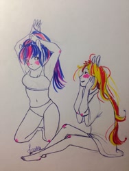 Size: 960x1280 | Tagged: safe, artist:theorderofalisikus, sci-twi, sunset shimmer, twilight sparkle, equestria girls, adorasexy, armpits, belly button, blushing, bra, clothes, crop top bra, cute, female, lesbian, looking at each other, panties, pony ears, scitwishimmer, sexy, shimmerbetes, shipping, stomach, sunsetsparkle, traditional art, twiabetes, underwear