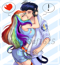 Size: 711x768 | Tagged: safe, artist:malinraf1615, derpibooru import, rainbow dash, soarin', human, breasts, clothes, exclamation point, female, heart, humanized, kissing, male, midriff, one eye closed, pictogram, rainboob dash, shipping, shorts, soarindash, straight, tanktop, watermark