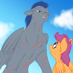 Size: 1280x1280 | Tagged: safe, artist:foxenawolf, descent, scootaloo, pegasus, pony, fanfic:piercing the heavens, eye contact, fanfic art, female, filly, looking at each other, male, scar, sky, stallion