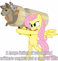 Size: 2190x2282 | Tagged: safe, artist:maximillianveers, fluttershy, pegasus, pony, animal, bipedal, cannon, cannon ponies, caption, dr bees, harry partridge, image macro