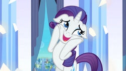 Size: 1366x768 | Tagged: safe, screencap, rarity, pony, unicorn, the crystal empire, open mouth, solo, squishy cheeks