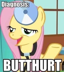 Size: 477x533 | Tagged: safe, fluttershy, scootaloo, pegasus, pony, chickun, exploitable meme, image macro, meme, solo