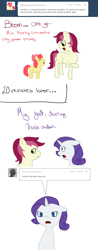 Size: 750x1920 | Tagged: safe, apple bloom, rarity, roseluck, pony, unicorn, ask, comic, rosereplies, tumblr