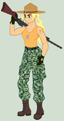 Size: 600x1123 | Tagged: safe, artist:anonimounanime, applejack, human, camouflage, clothes, dog tags, gun, humanized, military, simple background, solo, weapon