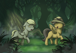 Size: 1200x840 | Tagged: safe, artist:28gooddays, daring do, derpy hooves, pegasus, pony, blank flank, female, forest, mare, scared, walking